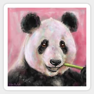 Painting of a Cute Panda Bear Chewing a Bamboo on Pink Background Sticker